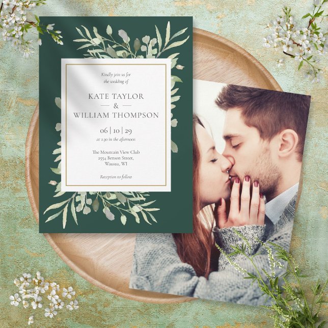 Invitación Elegante Boda fotográfico de verde esmeralda (Elegant Greenery Emerald Gold Photo Wedding Invitation)