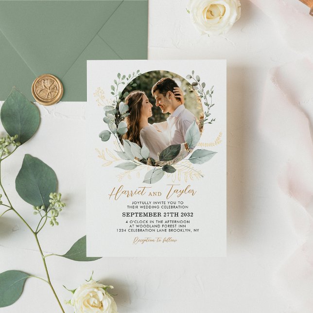 Invitación Elegante Boda fotográfico Eucalyptus Gold and Gree (Subido por el creador)