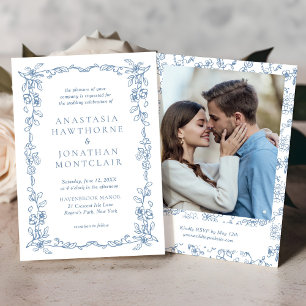 Invitación Elegante Boda fotográfico francés azul vintage