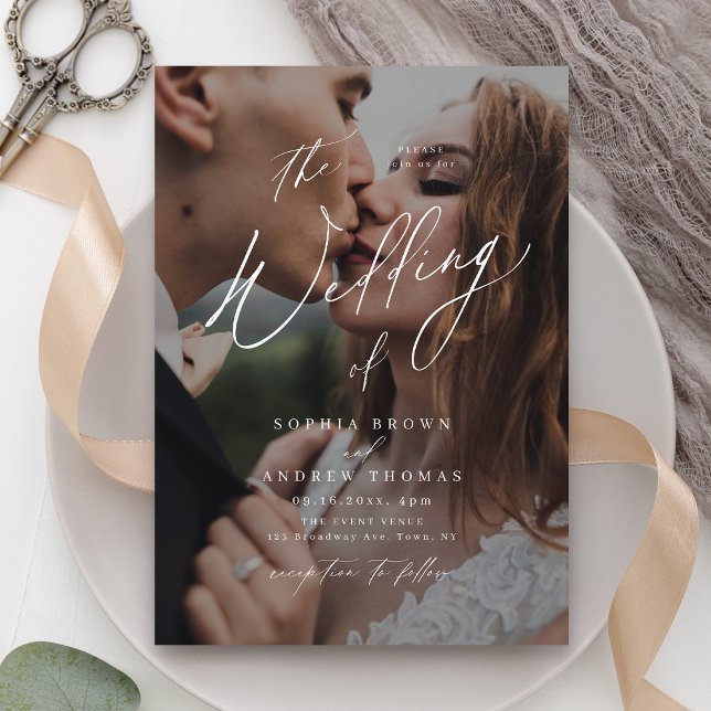 Invitación Elegante boda fotográfico minimalista de escritura (Elegant modern script minimalist photo wedding invitation)