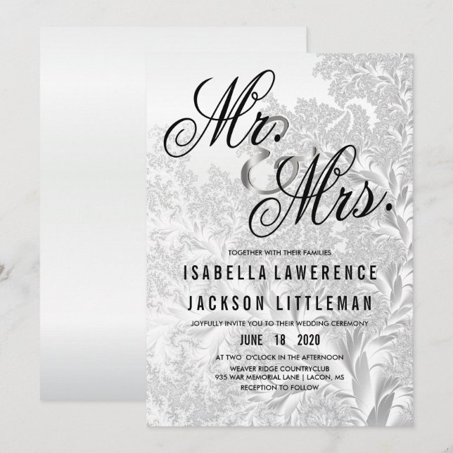 Invitación Elegante Boda Fractal de Plata Blanca (Anverso / Reverso)