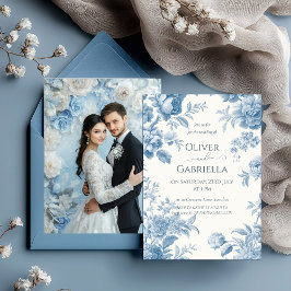 Invitación Elegante Boda francés de tela azul floral