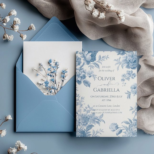 Invitación Elegante Boda francés de tela azul floral (Subido por el creador)