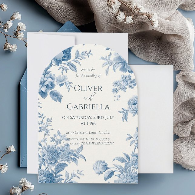 Invitación Elegante Boda francés de tela azul floral (Subido por el creador)