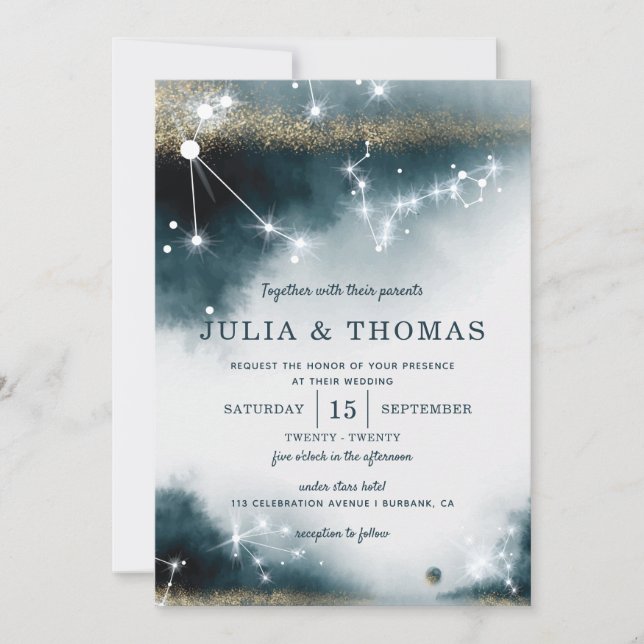 Invitación Elegante Boda Galaxy Blue Gold Stars (Anverso)