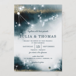 Invitación Elegante Boda Galaxy Blue Gold Stars