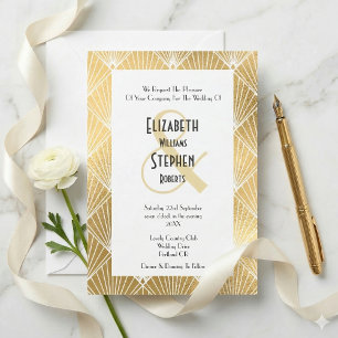 Invitación Elegante Boda Gatsby Art Deco Blanco y Dorado