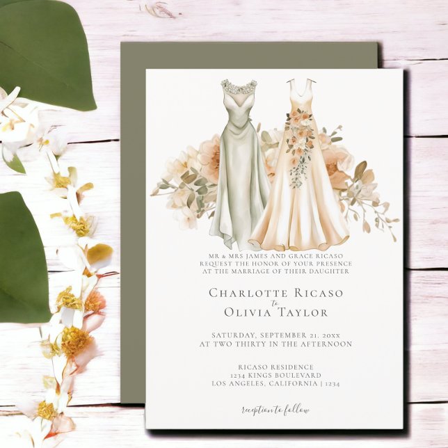 Invitación Elegante Boda gay dos novias vestidas con vestidos (Elegant Gay Wedding Two Brides in Dresses Invitation from Ricaso. Features two stunning dresses)
