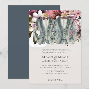 Invitación Elegante Boda gay, dos novillos en traje floral
