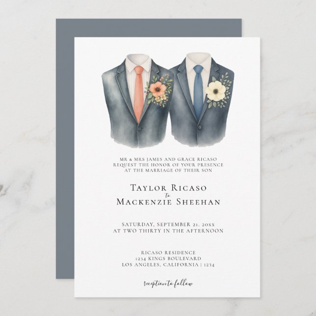 Invitación Elegante Boda gay, dos novios en traje (Anverso / Reverso)