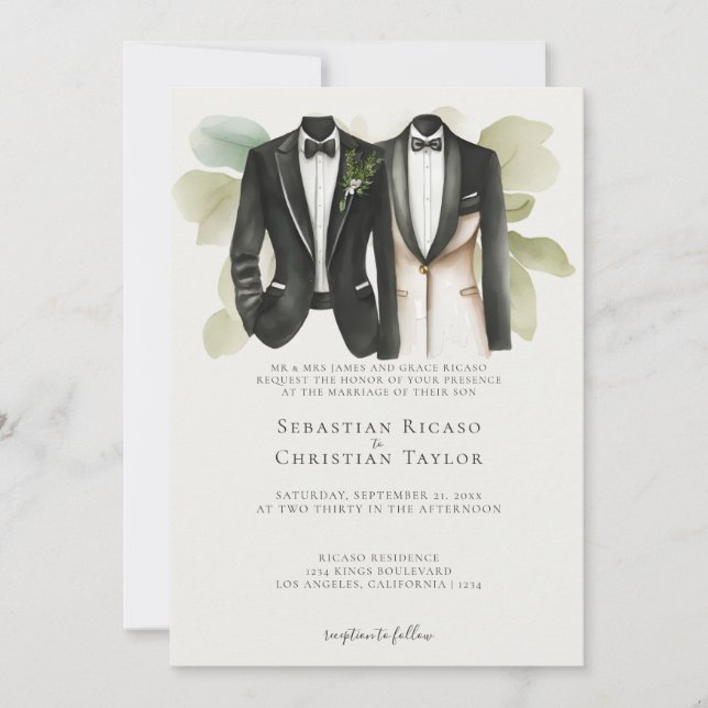 Invitación Elegante Boda gay, dos novios en traje