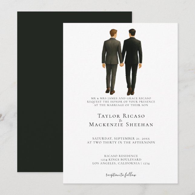 Invitación Elegante Boda gay, dos novios en traje (Anverso / Reverso)