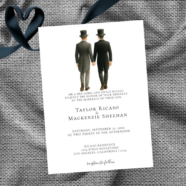 Invitación Elegante Boda gay, dos novios en traje matutino (Elegant Gay Wedding Two Grooms in Morning Suits Invitation by Ricaso. Exclusive to Zazzle.)