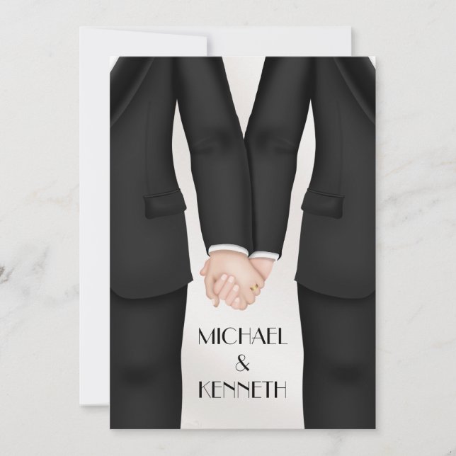 Invitación Elegante Boda gay Groom sosteniendo manos (Anverso)