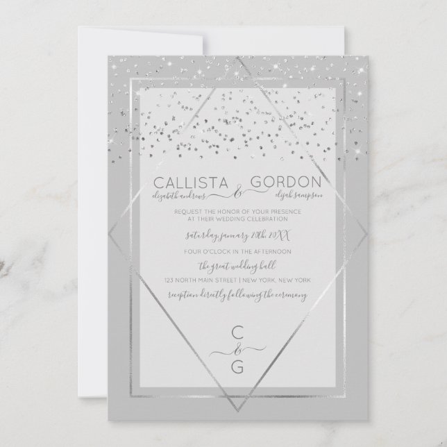 Invitación Elegante Boda Geo Border De Confetti De Plata Gris (Anverso)