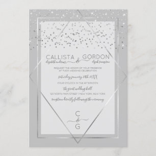 Invitación Elegante Boda Geo Border De Confetti De Plata Gris