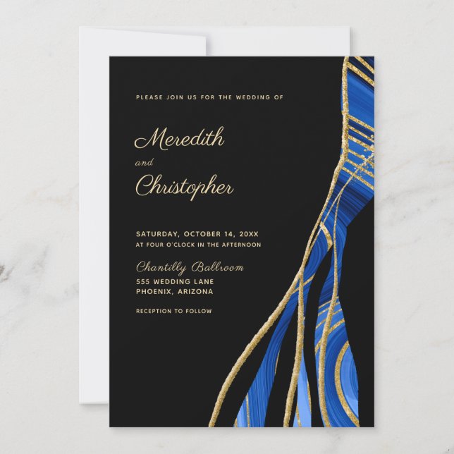 Invitación Elegante Boda Geode de la Agate de Oro Azul Negro (Anverso)