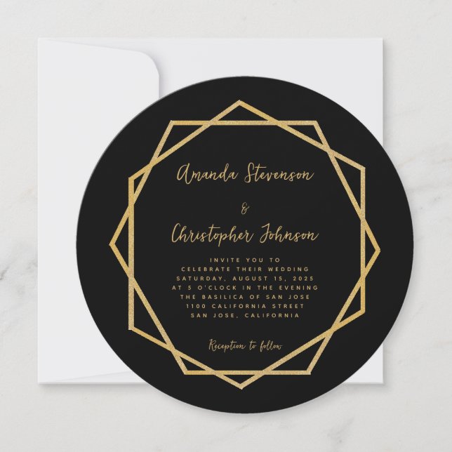 Invitación Elegante Boda Geométrica Moderna de Oro Negro (Anverso)