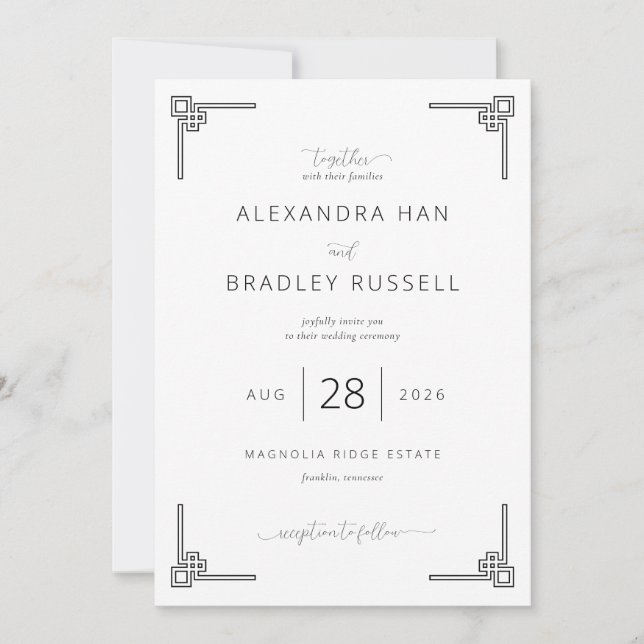 Invitación Elegante Boda Geométrica Negra (Anverso)