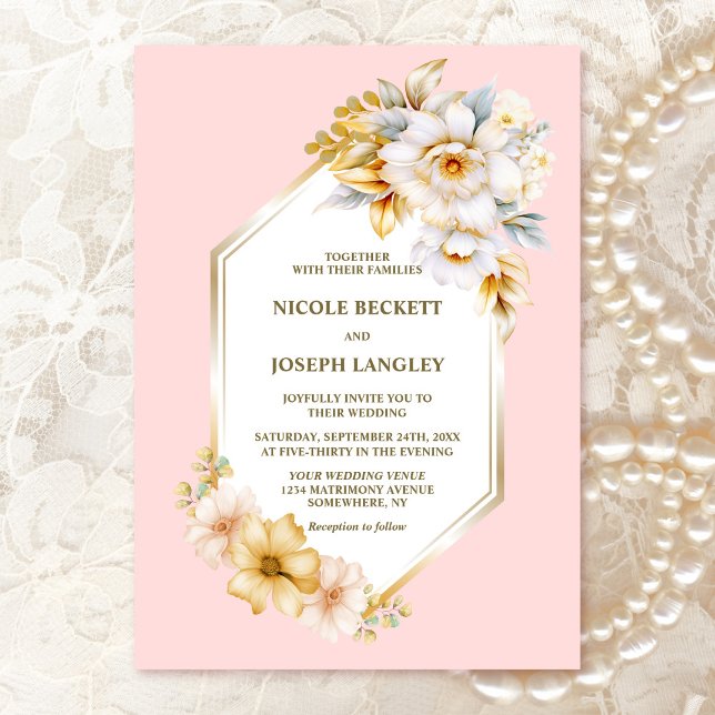 Invitación Elegante Boda Geométrico Blanco Floral Rosa (Subido por el creador)