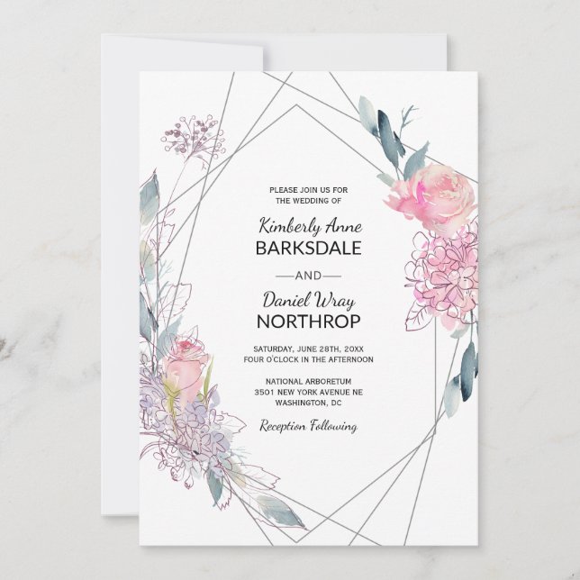 Invitación Elegante Boda geométrico de esbozo de acuarela (Anverso)