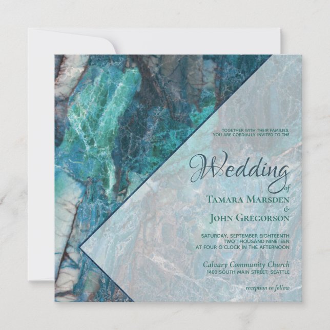 Invitación Elegante Boda geométrico de mármol verde azul Verd (Anverso)