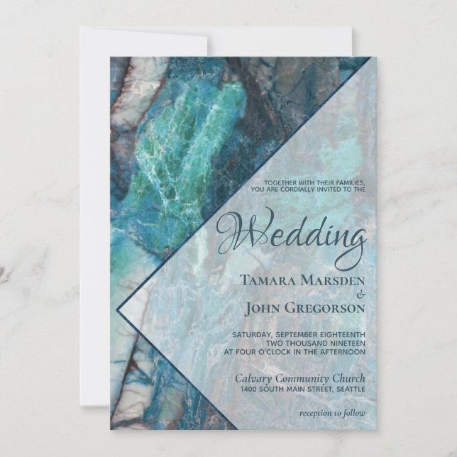 Invitación Elegante Boda geométrico de mármol Verde azulado a (Anverso)