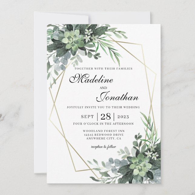 Invitación Elegante Boda geométrico de oro de la vegetación b (Anverso)