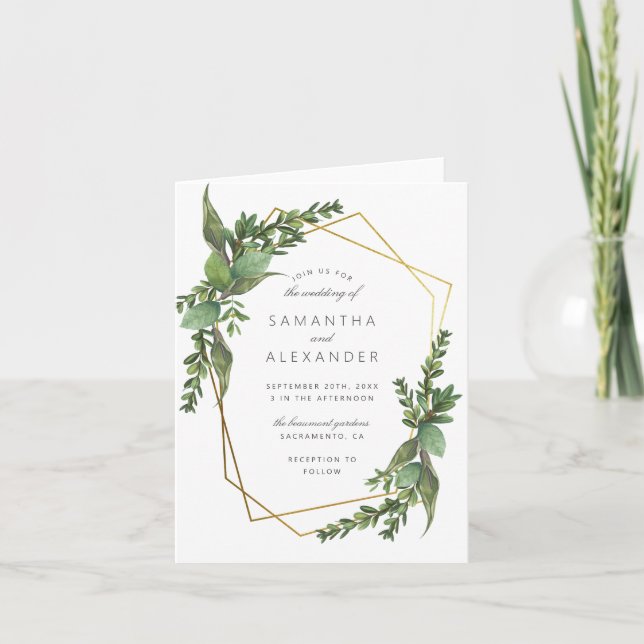 Invitación Elegante Boda geométrico de oro de la vegetación b (Anverso)