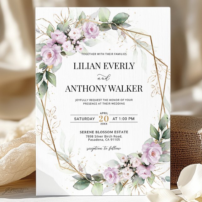 Invitación Elegante Boda Geométrico De Oro Floral Mauve Soft (Subido por el creador)