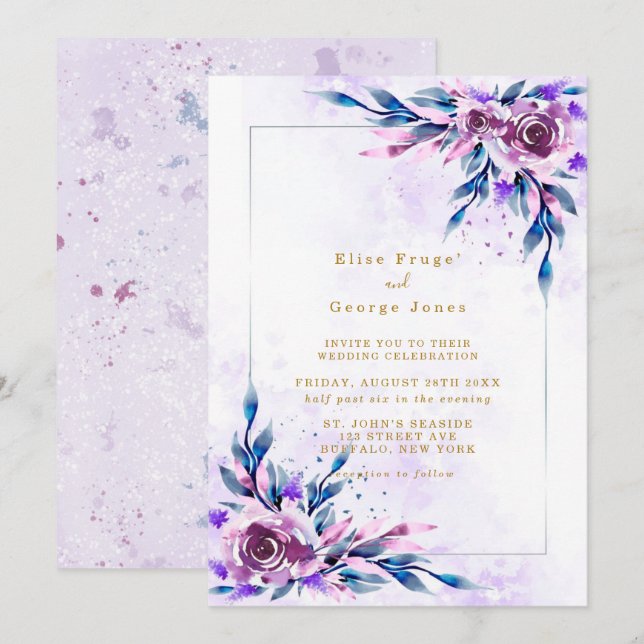 Invitación Elegante Boda Geométrico de Oro Púrpura Rústico Pe (Anverso / Reverso)