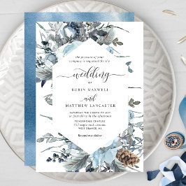 Invitación Elegante Boda Geométrico Floral Azul