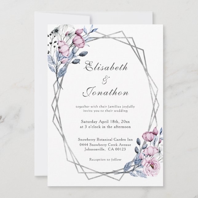 Invitación Elegante Boda Geométrico Floral Azul Púrpura (Anverso)