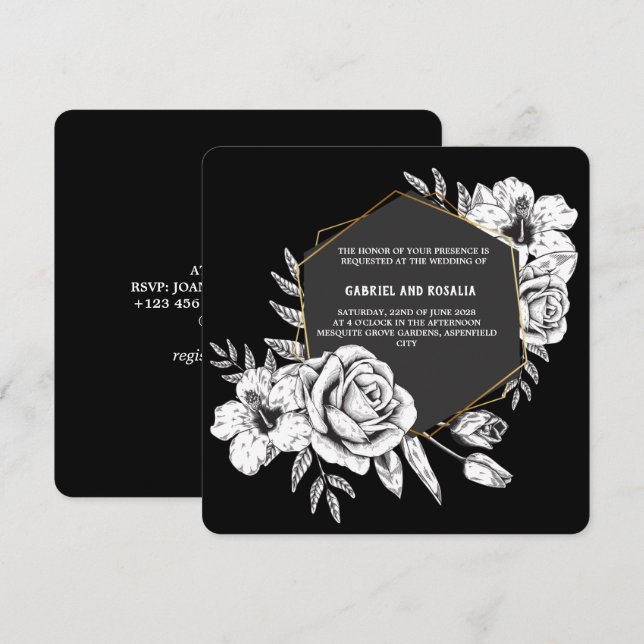 Invitación Elegante Boda geométrico floral blanco y negro (Anverso / Reverso)