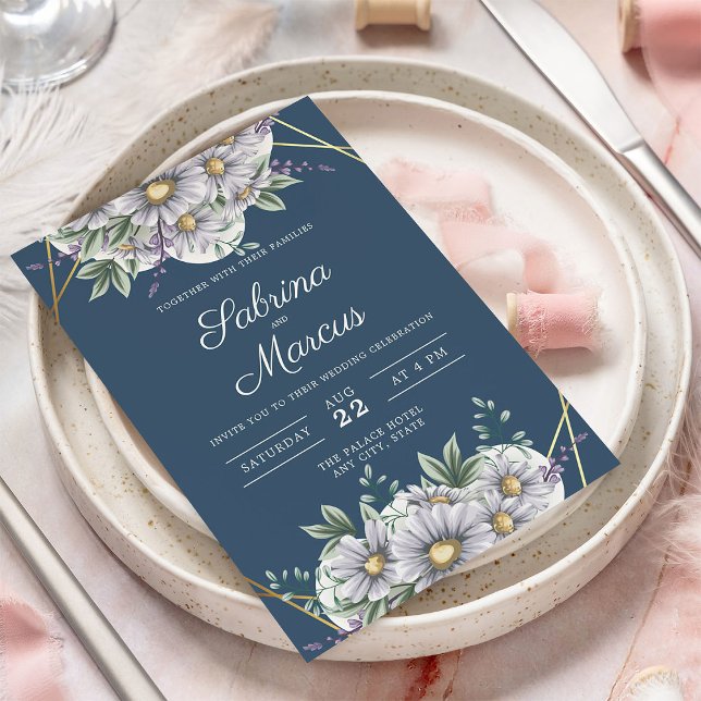 Invitación Elegante Boda geométrico floral de margarita azul  (Subido por el creador)