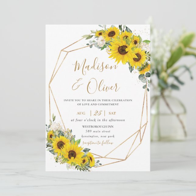 Invitación Elegante Boda Geométrico Floral Gold de girasol (Anverso de pie)