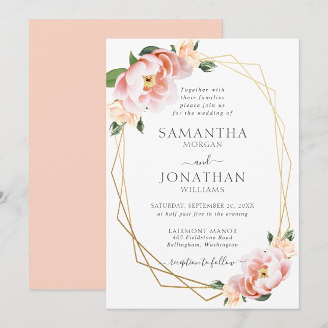 Invitación Elegante Boda Geométrico Floral Rubor Peach Gold (Anverso / Reverso)