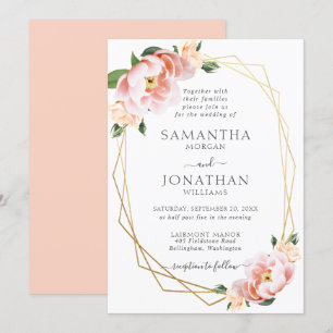 Invitación Elegante Boda Geométrico Floral Rubor Peach Gold