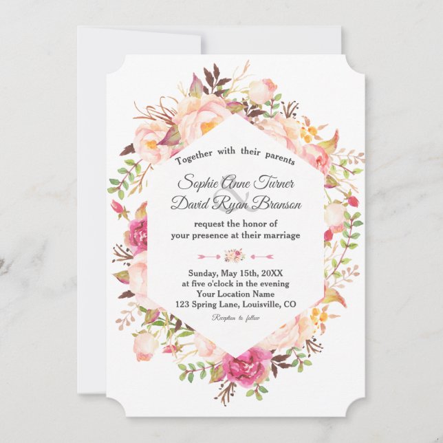Invitación Elegante Boda Geométrico Floral Rubor Rosa (Anverso)