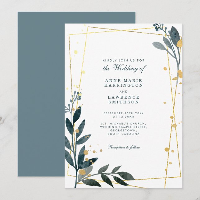Invitación Elegante Boda Geométrico Gold Greenery (Anverso / Reverso)
