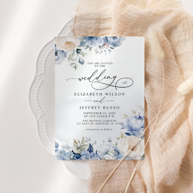 Invitación Elegante Boda geométrico moderno con flores azules (Elegant Modern Geometric Dusty Blue Floral Wedding Invitation)
