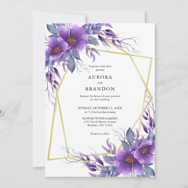 Invitación Elegante Boda Geométrico Morado Floral Golden (Anverso)
