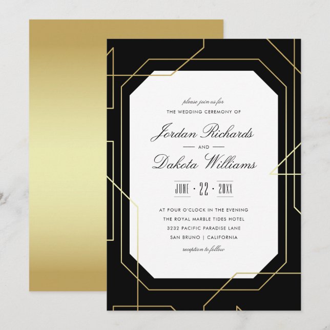 Invitación Elegante Boda Geométrico Oro y Negro (Anverso / Reverso)