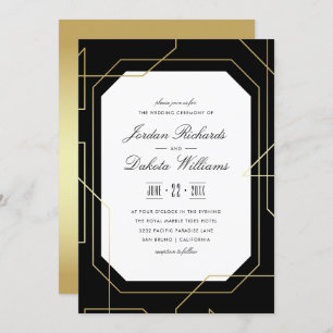 Invitación Elegante Boda Geométrico Oro y Negro
