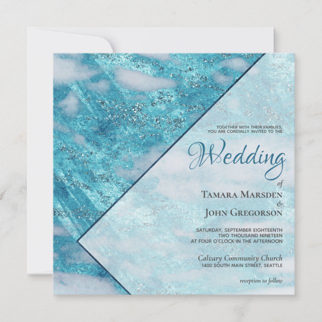 Invitación Elegante Boda geométrico Purpurina de mármol azul  (Anverso)