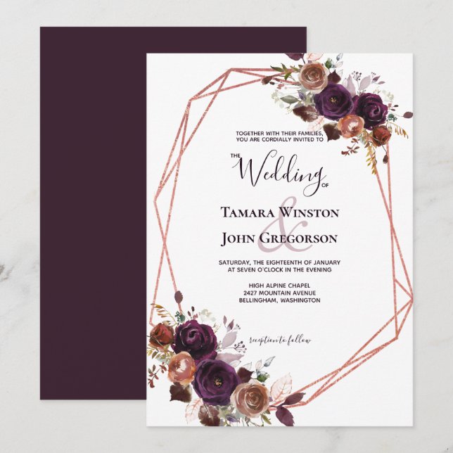 Invitación Elegante Boda Geométrico Rosa Morado Oro Floral Fl (Anverso / Reverso)