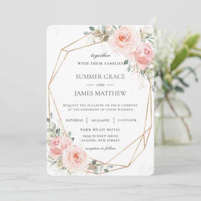 Invitación Elegante Boda Geométrico Rubor Floral Gold  (Anverso de pie)