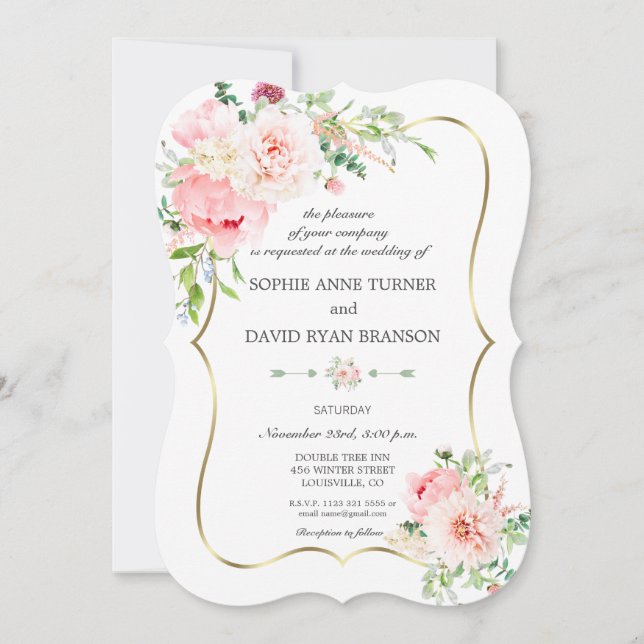 Invitación Elegante Boda Geométrico Rubor Flowers Gold (Anverso)