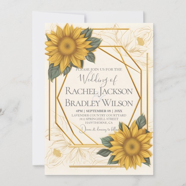 Invitación Elegante Boda Girasol Resumen Marco dorado (Anverso)