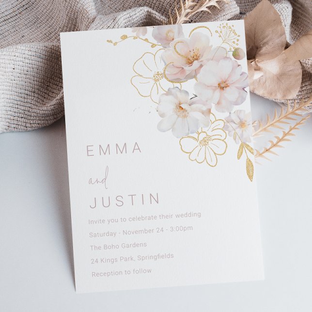 Invitación Elegante Boda Golden Rubor Botanical Wildflowers (Subido por el creador)